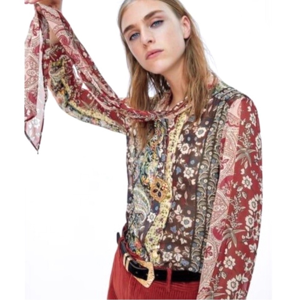 Zara patchwork print bow blouse